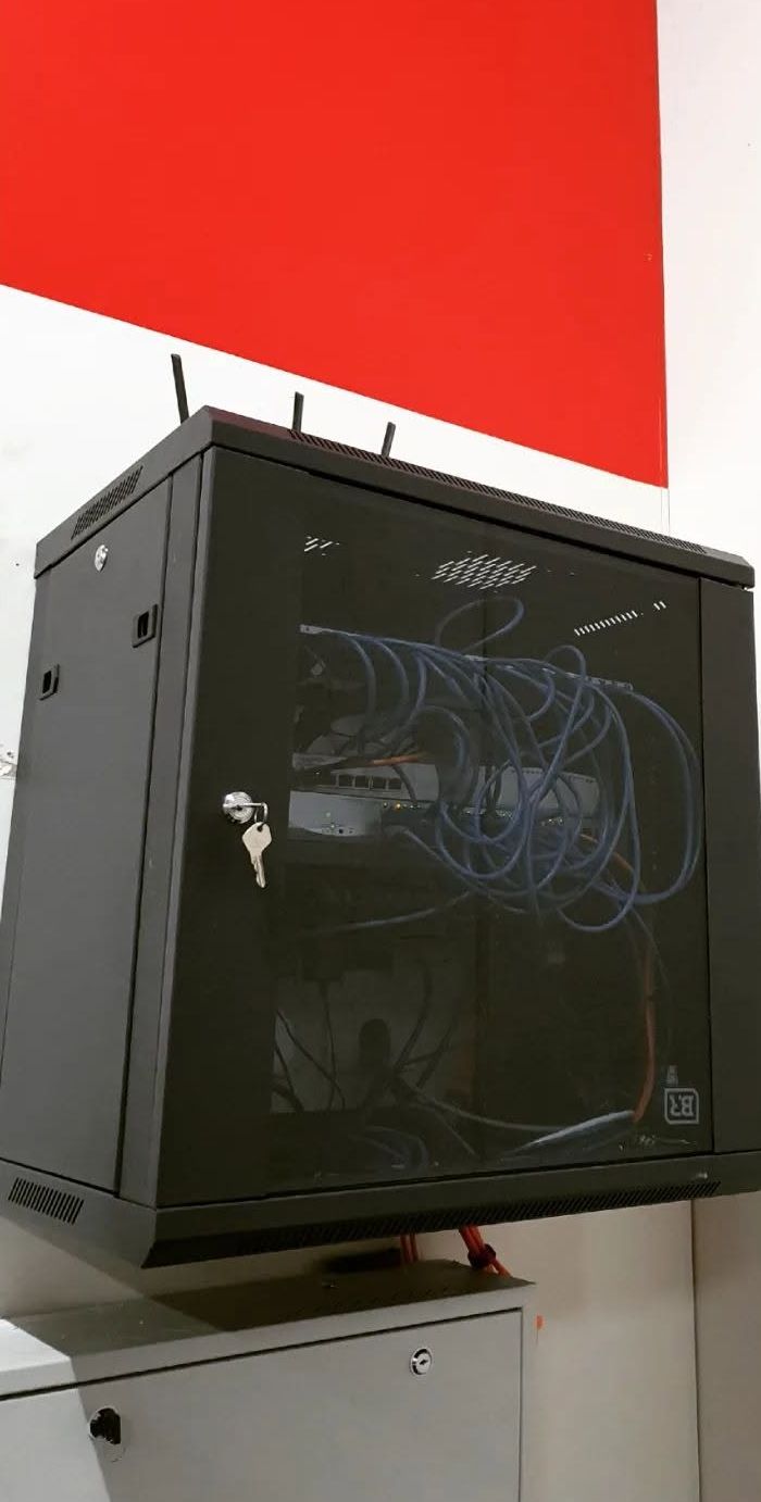 After: the same gear in a locked wall-mounted data cabinet