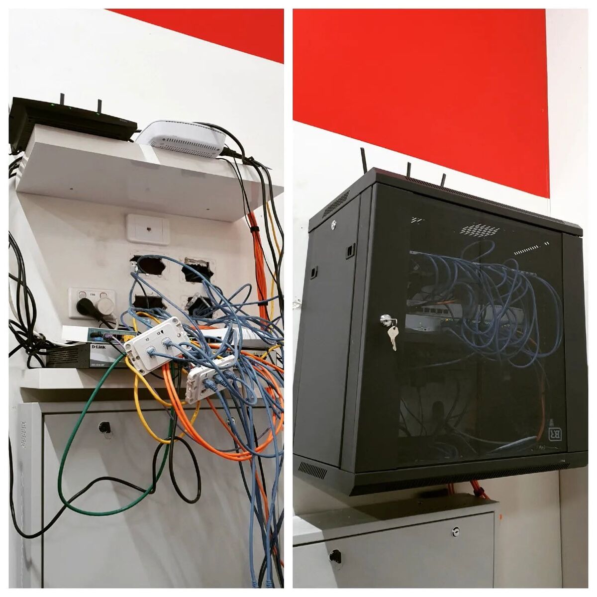 Before and after: tangled network gear on an open shelf, then the same gear in a locked wall-mounted data cabinet
